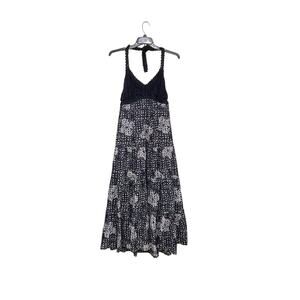 Crochet Halter Floral Tiered Maxi Dress Size Large Navy/White Elastic Back Boho